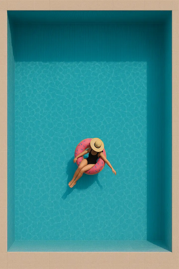 fotografia en plano zenital de mujer flotando en piscina usando flotador y pamela